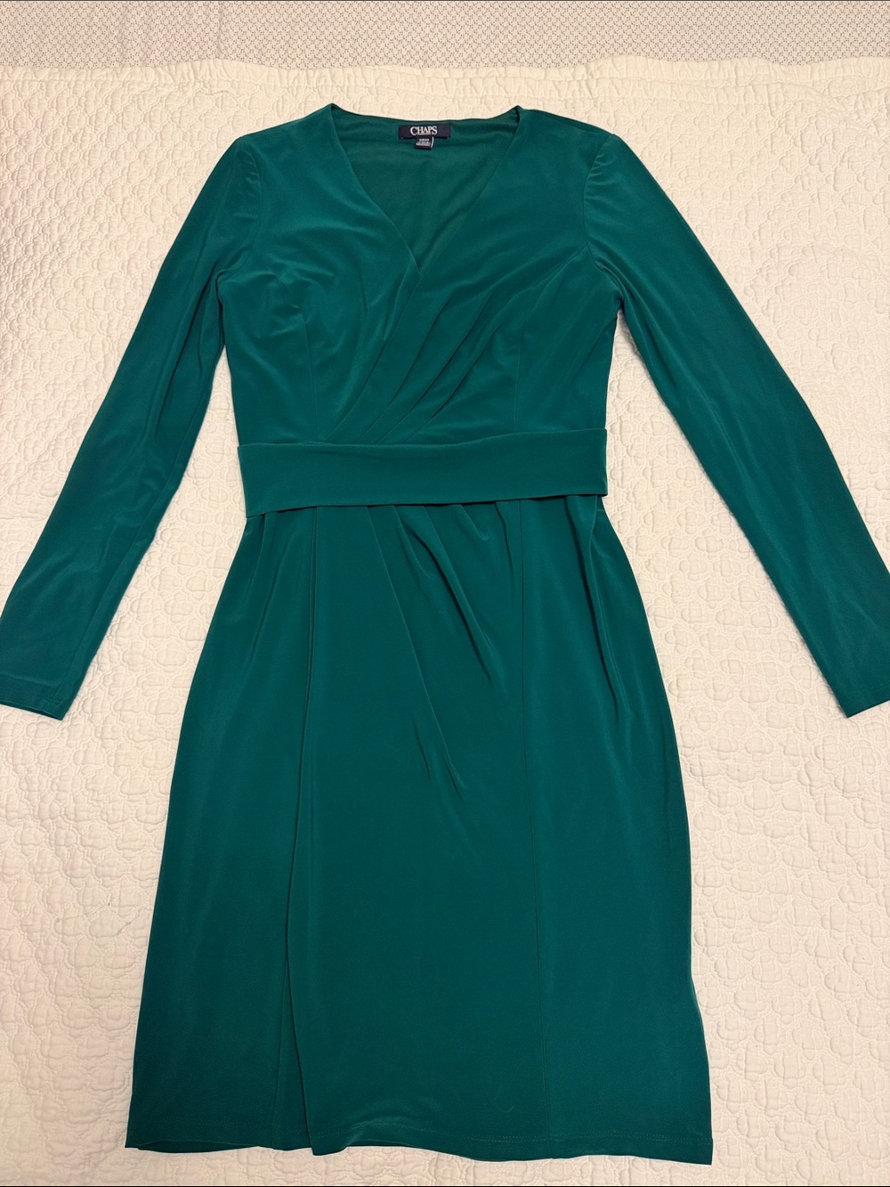 Chaps Emerald Green Long-Sleeve Faux-Wrap Dress